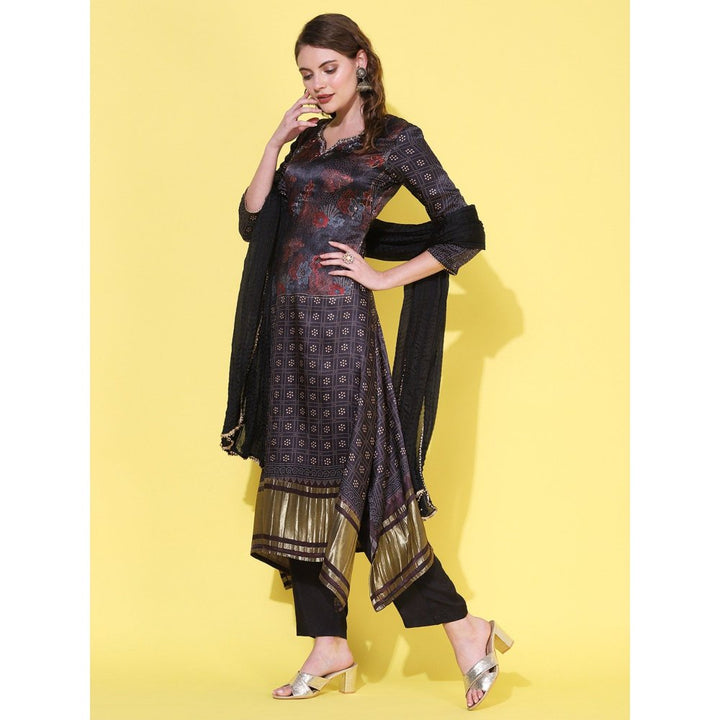 FASHOR Ethnic Printed, Embroidered A-Line Kurta with Pant and Dupatta - Brown (Set of 3)