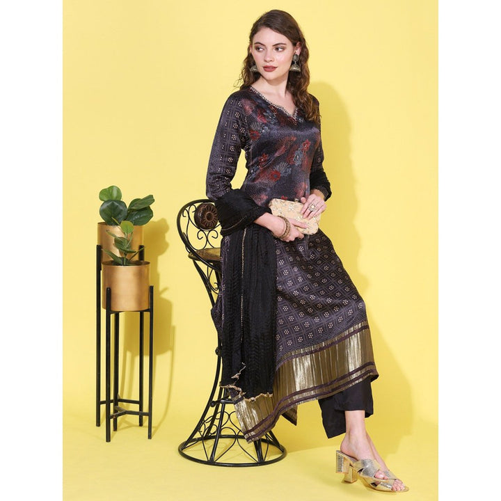 FASHOR Ethnic Printed, Embroidered A-Line Kurta with Pant and Dupatta - Brown (Set of 3)