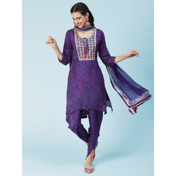 FASHOR Leheriya Printed, Embroidered Straight Kurta with Dhoti and Dupatta - Purple (Set of 3)