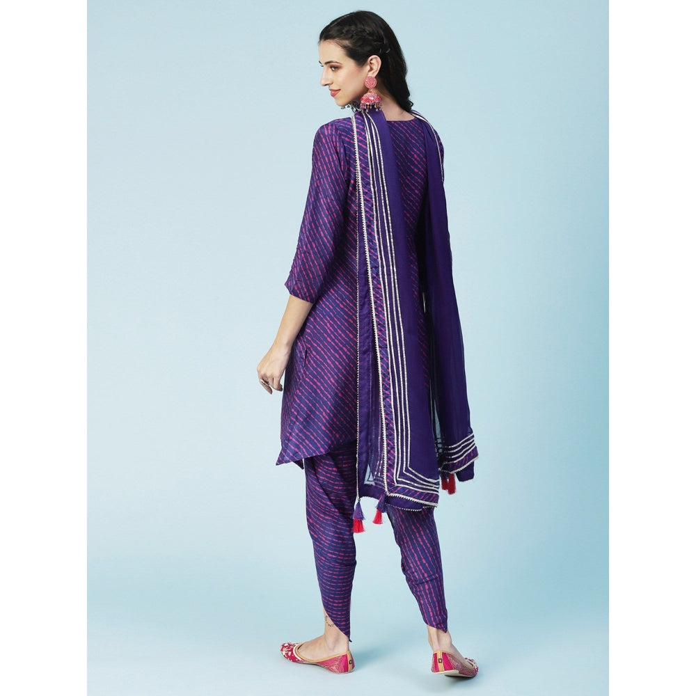 FASHOR Leheriya Printed, Embroidered Straight Kurta with Dhoti and Dupatta - Purple (Set of 3)