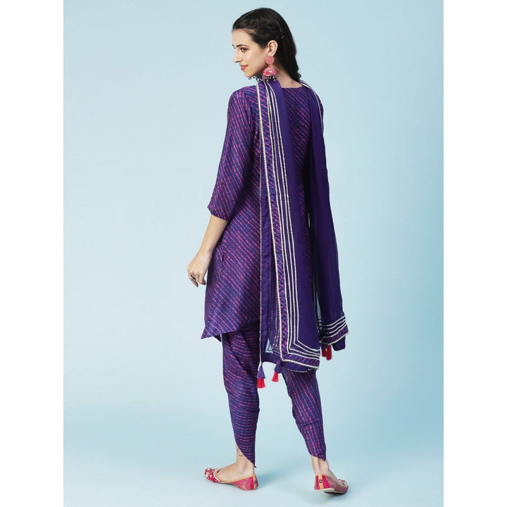 FASHOR Leheriya Printed, Embroidered Straight Kurta with Dhoti and Dupatta - Purple (Set of 3)