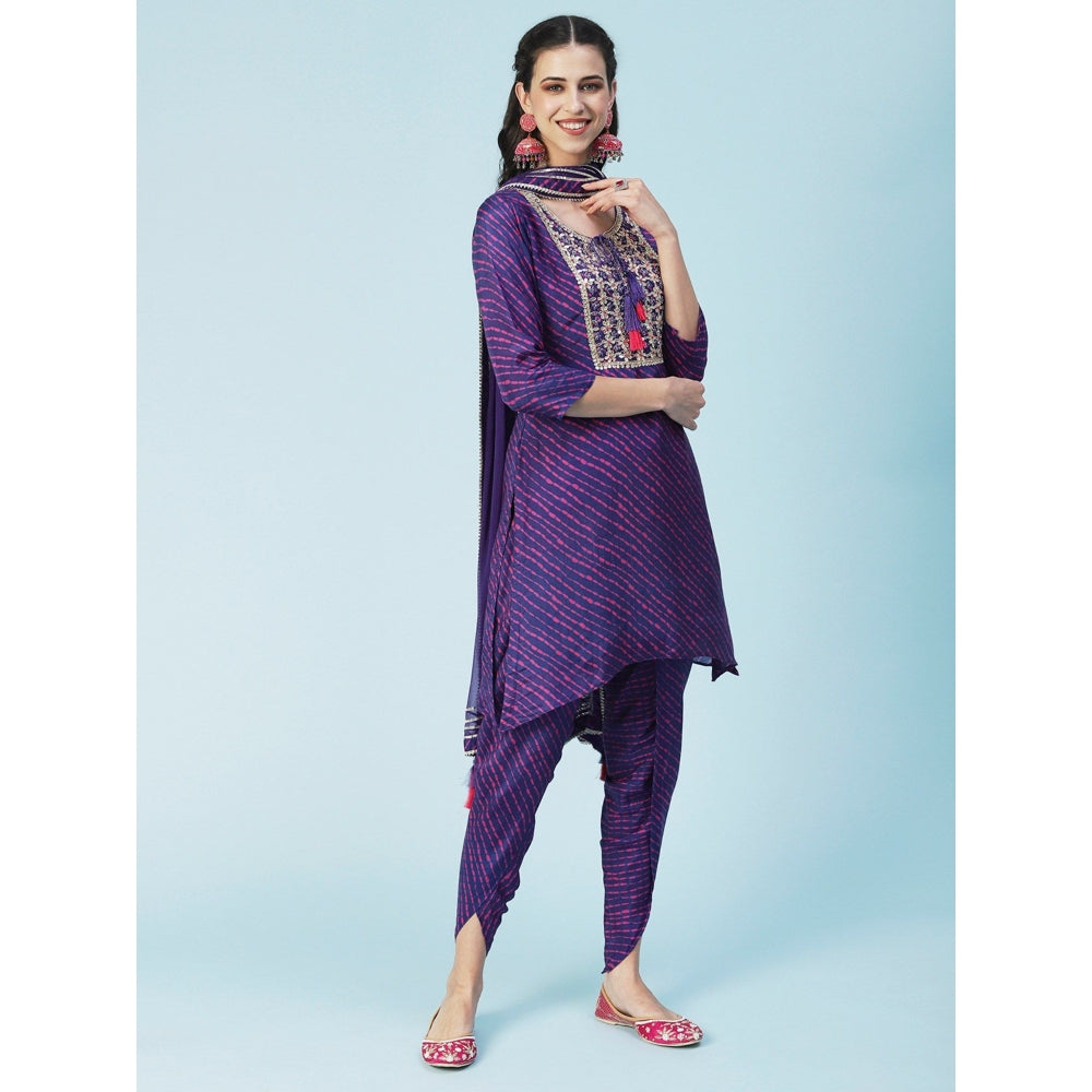 FASHOR Leheriya Printed, Embroidered Straight Kurta with Dhoti and Dupatta - Purple (Set of 3)