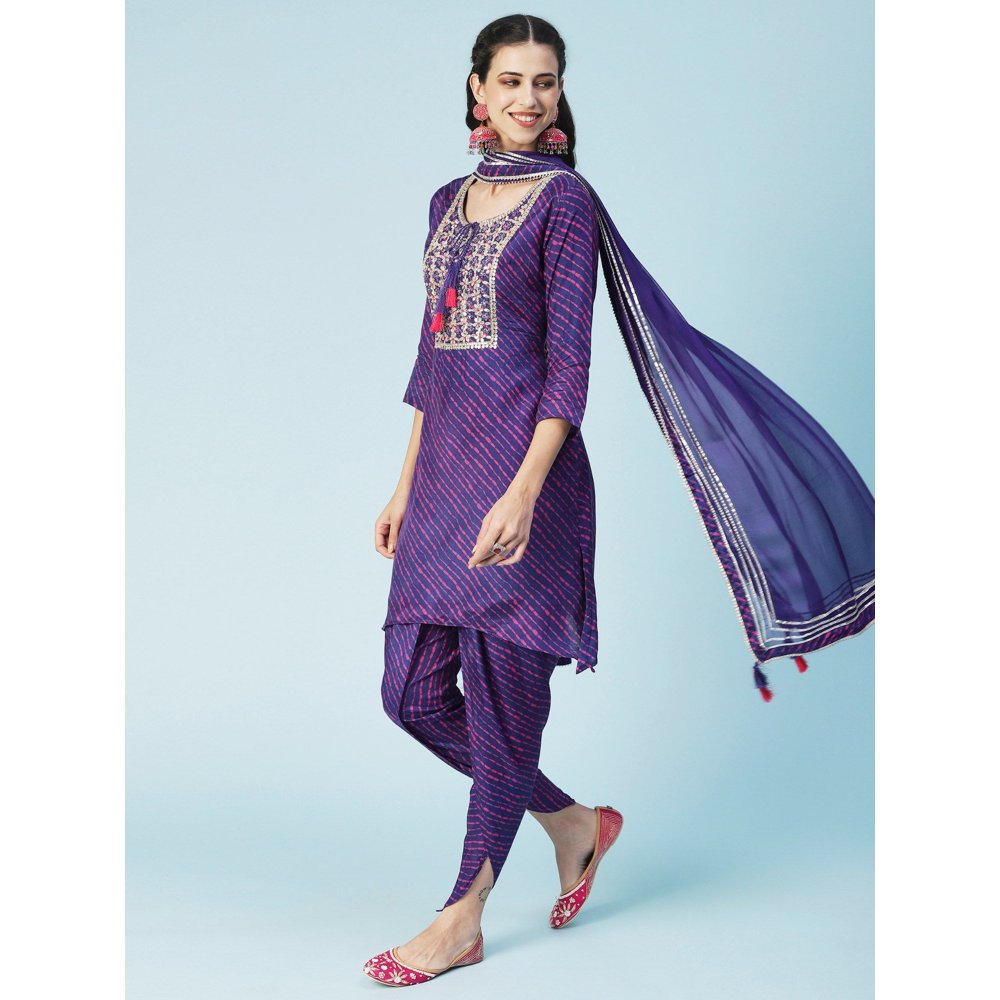 FASHOR Leheriya Printed, Embroidered Straight Kurta with Dhoti and Dupatta - Purple (Set of 3)