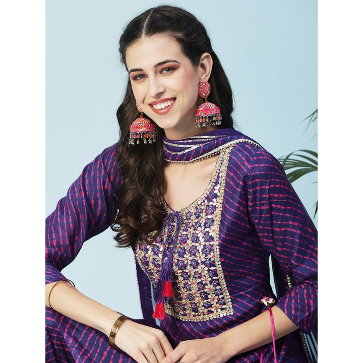 FASHOR Leheriya Printed, Embroidered Straight Kurta with Dhoti and Dupatta - Purple (Set of 3)