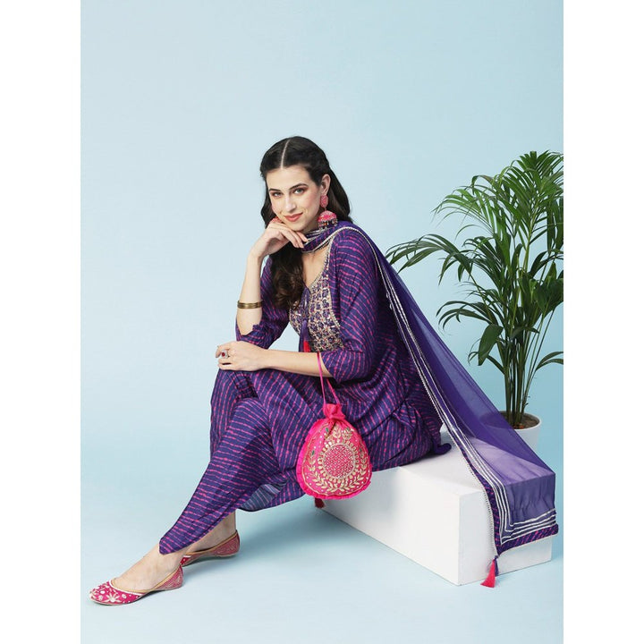 FASHOR Leheriya Printed, Embroidered Straight Kurta with Dhoti and Dupatta - Purple (Set of 3)