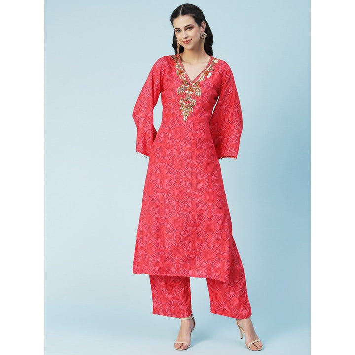 FASHOR Bandhani Printed Mirror Embroidered Kurta with Pants - Red (Set of 2)