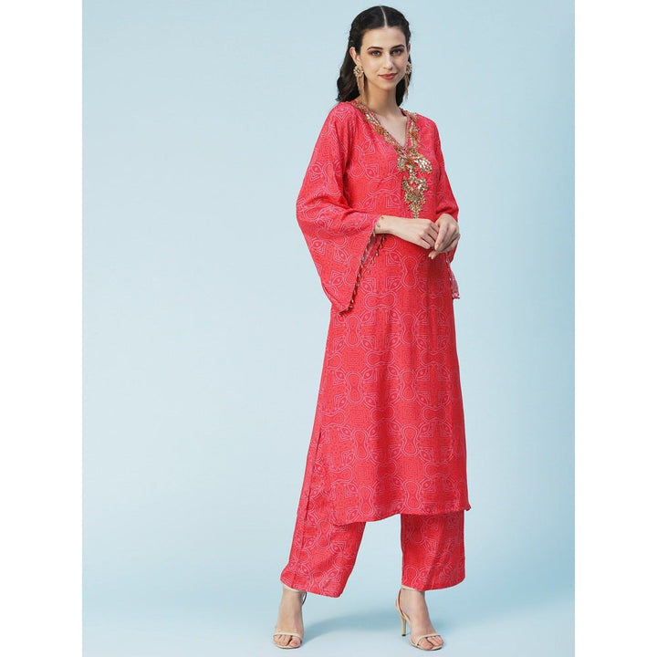 FASHOR Bandhani Printed Mirror Embroidered Kurta with Pants - Red (Set of 2)