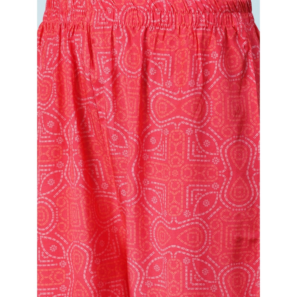 FASHOR Bandhani Printed Mirror Embroidered Kurta with Pants - Red (Set of 2)