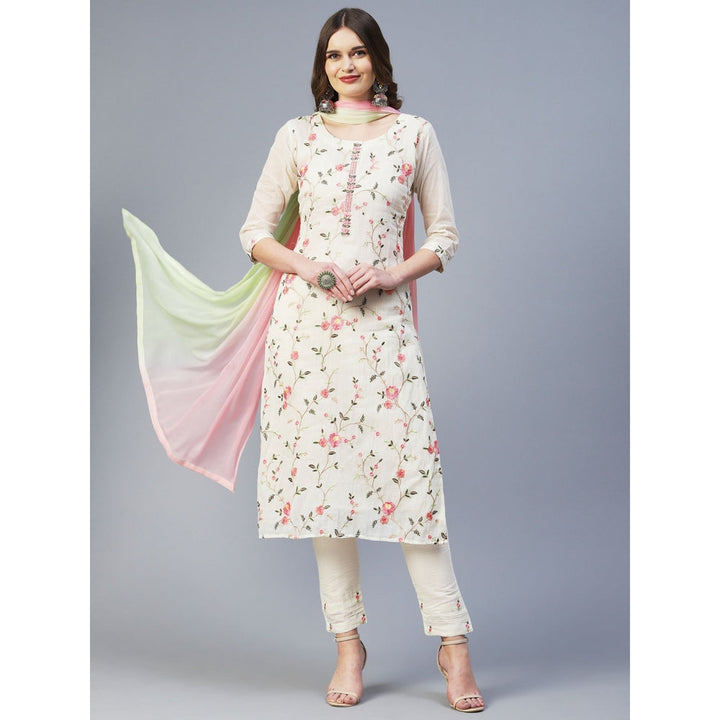 FASHOR Resham Embroidered Kurta with Pants & Dupatta - White (Set of 3)