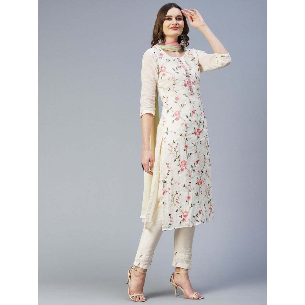 FASHOR Resham Embroidered Kurta with Pants & Dupatta - White (Set of 3)