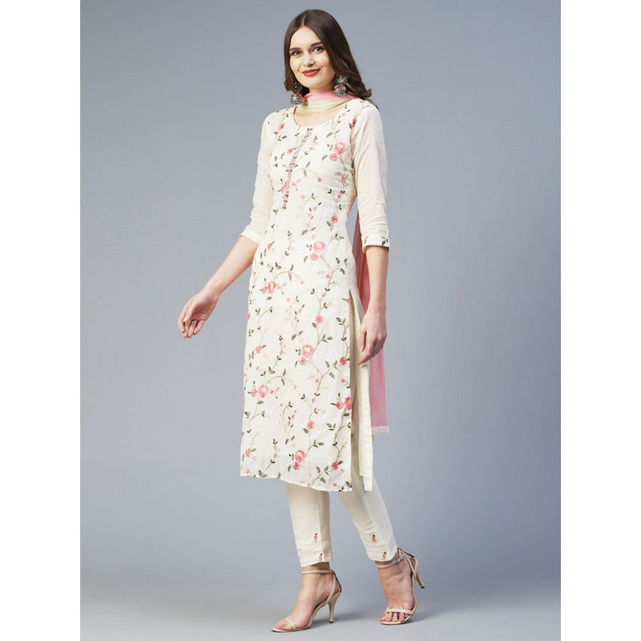 FASHOR Resham Embroidered Kurta with Pants & Dupatta - White (Set of 3)