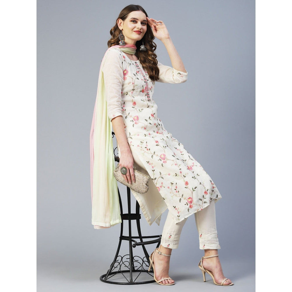 FASHOR Resham Embroidered Kurta with Pants & Dupatta - White (Set of 3)