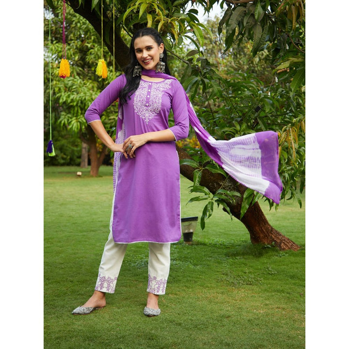 FASHOR Resham Embroidered Kurta with Pants & Dupatta - Violet (Set of 3)