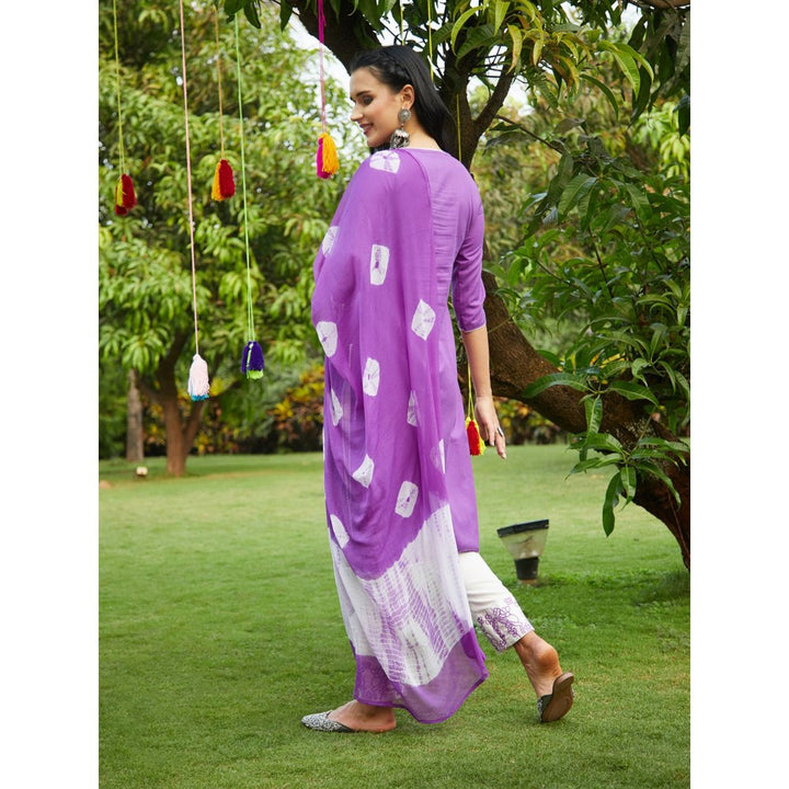 FASHOR Resham Embroidered Kurta with Pants & Dupatta - Violet (Set of 3)