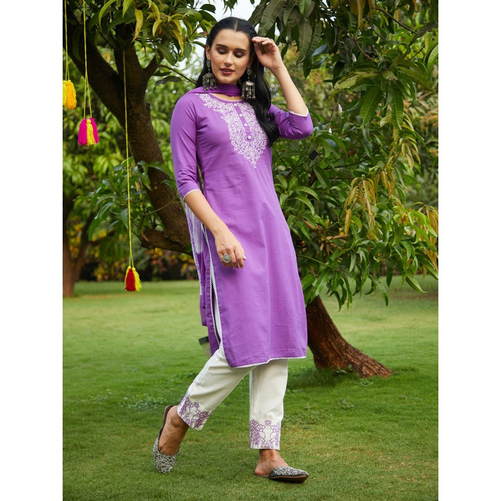 FASHOR Resham Embroidered Kurta with Pants & Dupatta - Violet (Set of 3)