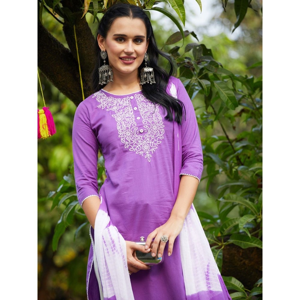 FASHOR Resham Embroidered Kurta with Pants & Dupatta - Violet (Set of 3)