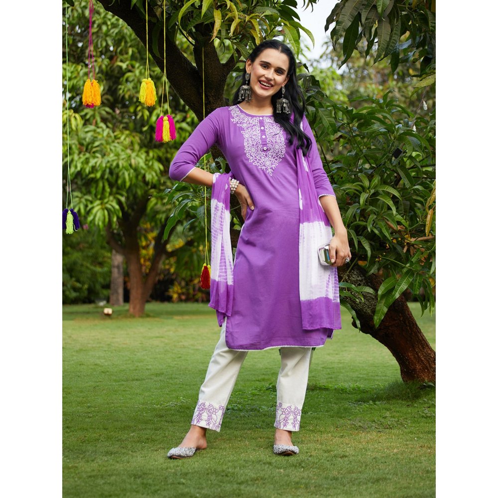 FASHOR Resham Embroidered Kurta with Pants & Dupatta - Violet (Set of 3)