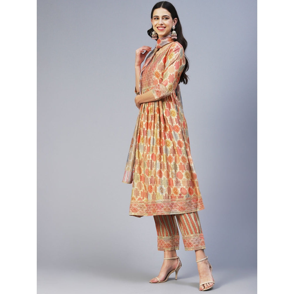 FASHOR Ethnic Printed & Embroidered A-Line Kurta with Pant and Dupatta - Multi (Set of 3)