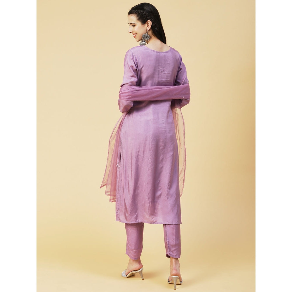 FASHOR Stylized Applique Embroidered Kurta with Pants & Dupatta - Purple (Set of 3)