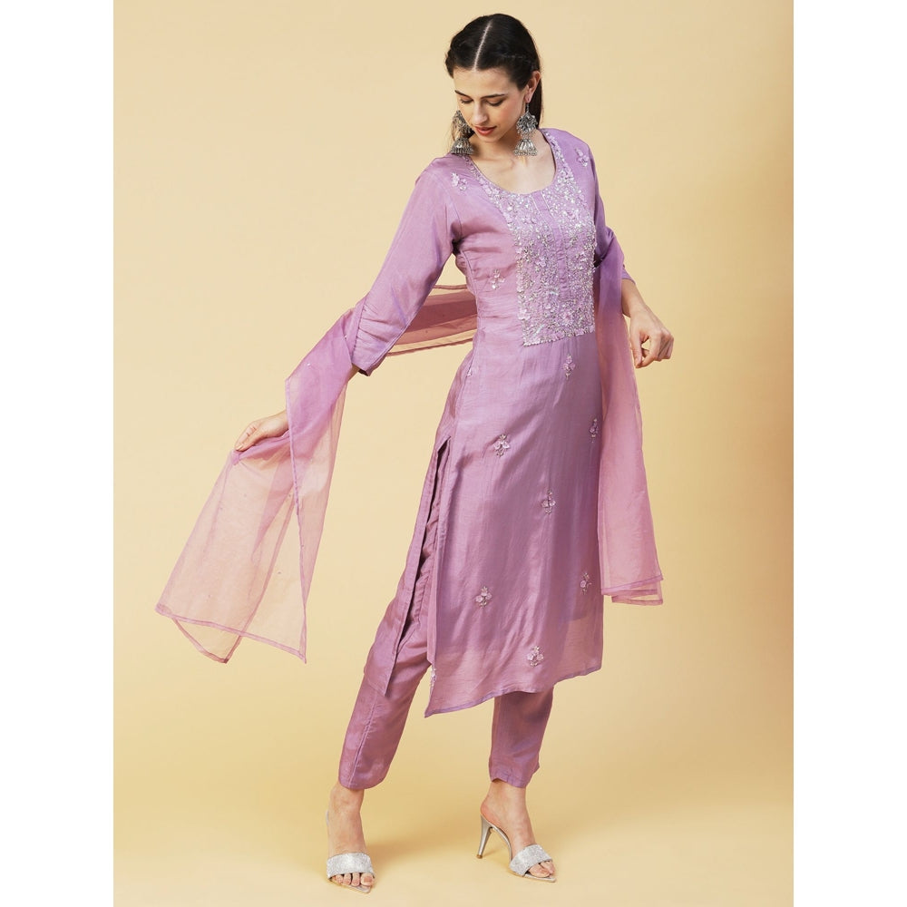 FASHOR Stylized Applique Embroidered Kurta with Pants & Dupatta - Purple (Set of 3)