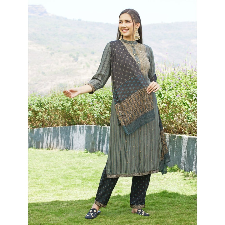 FASHOR Stripes Printed Resham Embroidered Kurta with Pants & Dupatta - Multi (Set of 3)