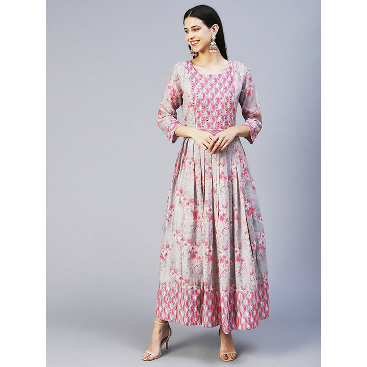 FASHOR Floral Printed & Mirror Work Jacquard Dress with Embroidered Belt Grey (Set of 2)