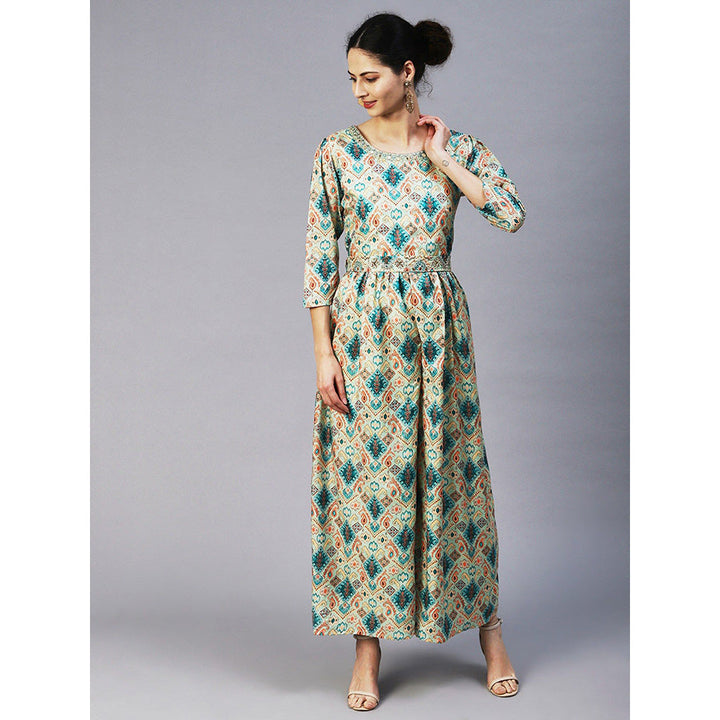 FASHOR Ethnic Tribal Printed & Hand Embroidered A-Line Jumpsuit with Belt (Set of 2)