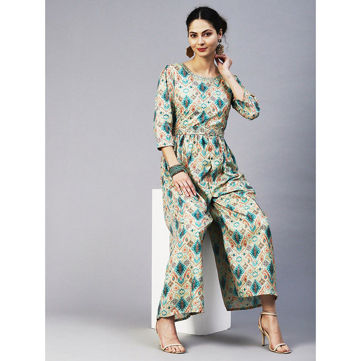 FASHOR Ethnic Tribal Printed & Hand Embroidered A-Line Jumpsuit with Belt (Set of 2)