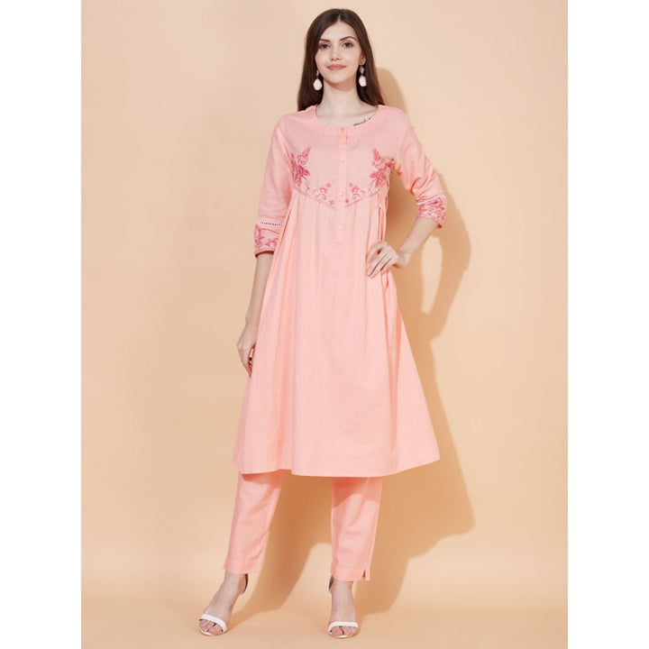 FASHOR Floral Hand Embroidered A-Line Kurta with Pants - Peach (Set of 2)