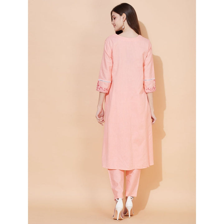 FASHOR Floral Hand Embroidered A-Line Kurta with Pants - Peach (Set of 2)