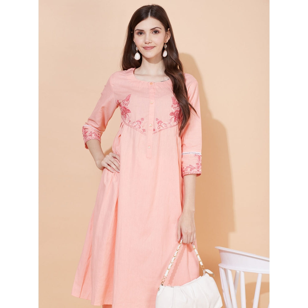 FASHOR Floral Hand Embroidered A-Line Kurta with Pants - Peach (Set of 2)