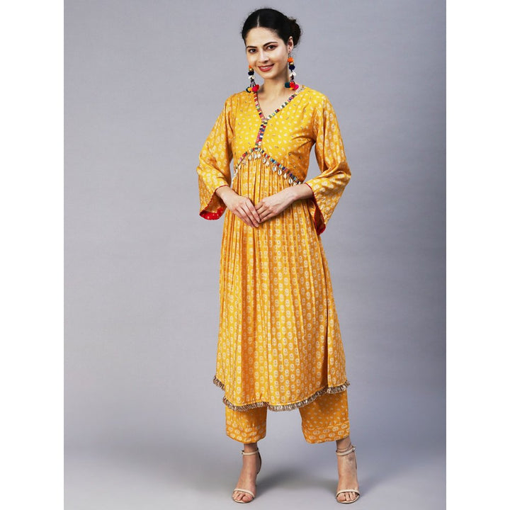 FASHOR Floral & Bandhani Printed Embroidered A-Line Kurta with Pants - Yellow (Set of 2)