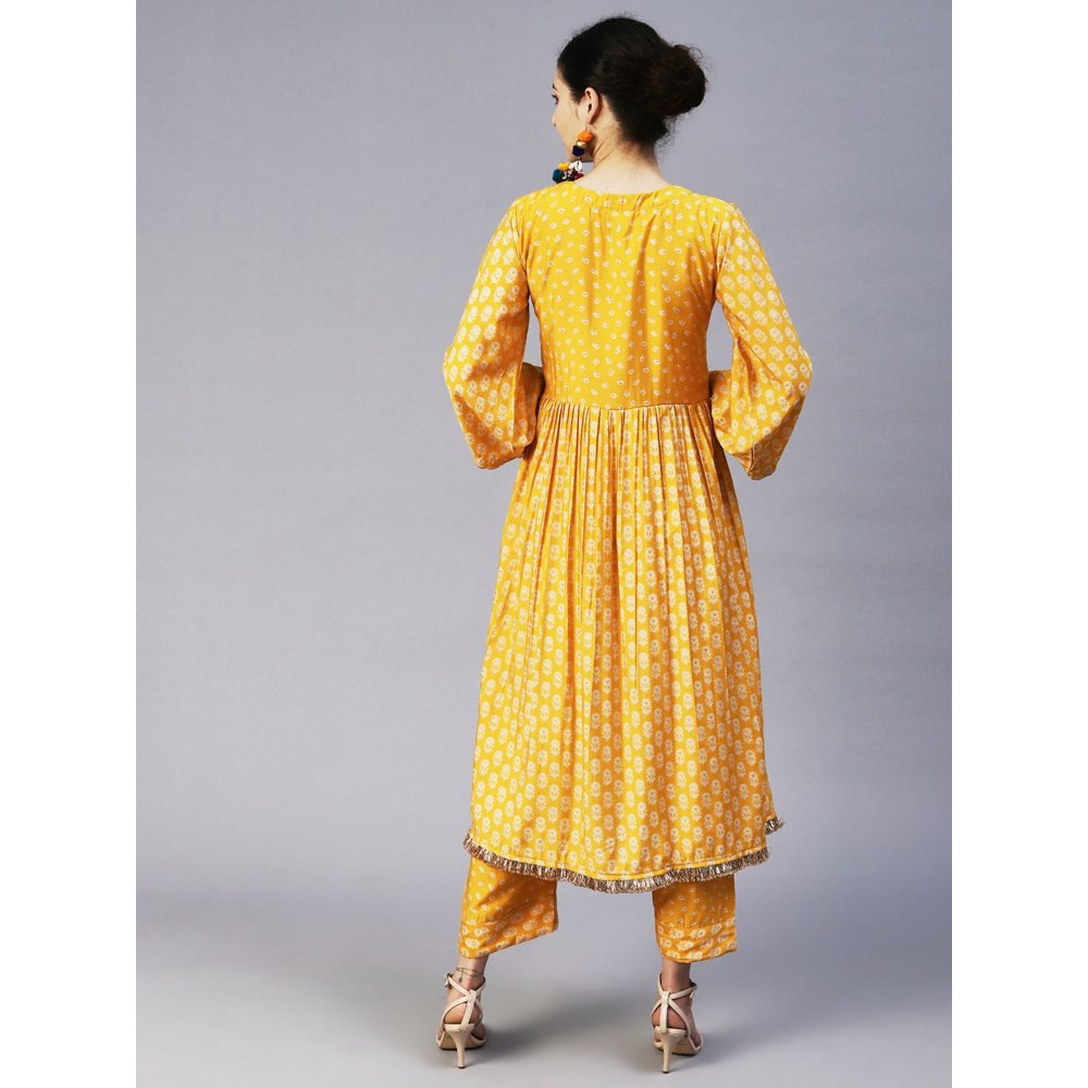 FASHOR Floral & Bandhani Printed Embroidered A-Line Kurta with Pants - Yellow (Set of 2)