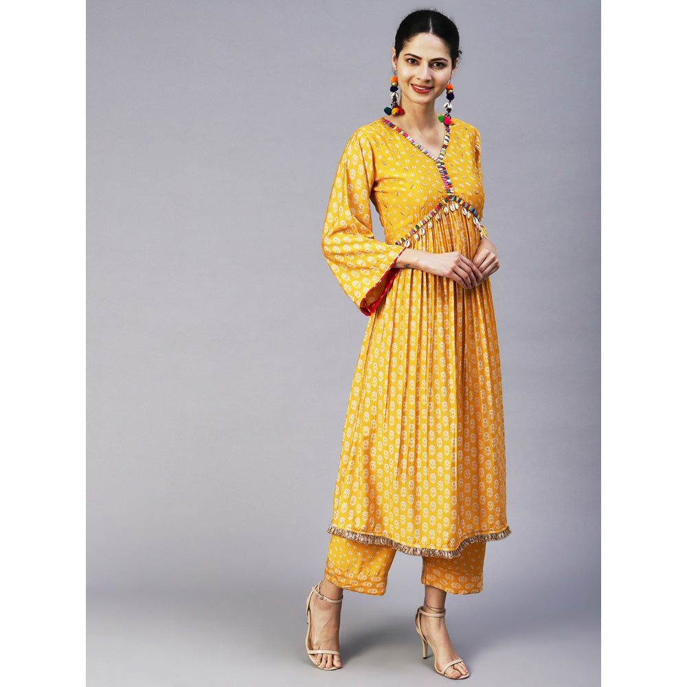 FASHOR Floral & Bandhani Printed Embroidered A-Line Kurta with Pants - Yellow (Set of 2)