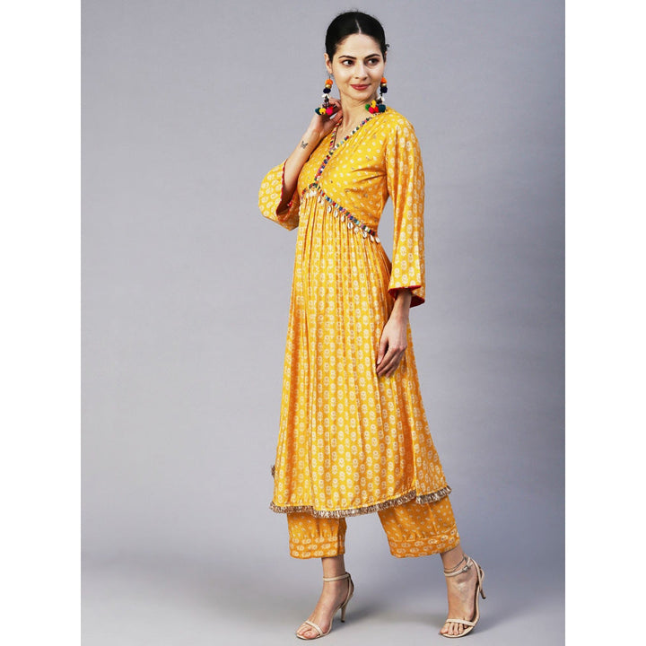 FASHOR Floral & Bandhani Printed Embroidered A-Line Kurta with Pants - Yellow (Set of 2)