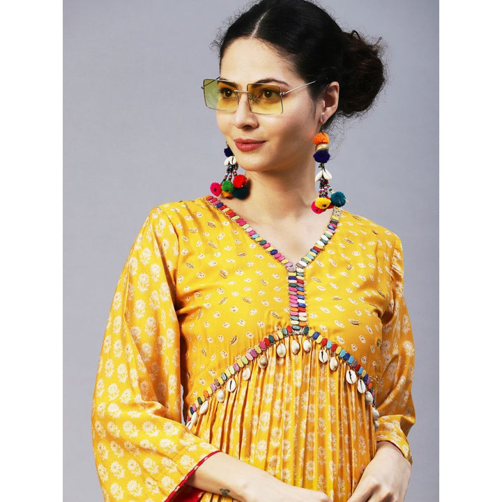 FASHOR Floral & Bandhani Printed Embroidered A-Line Kurta with Pants - Yellow (Set of 2)