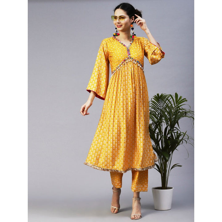 FASHOR Floral & Bandhani Printed Embroidered A-Line Kurta with Pants - Yellow (Set of 2)