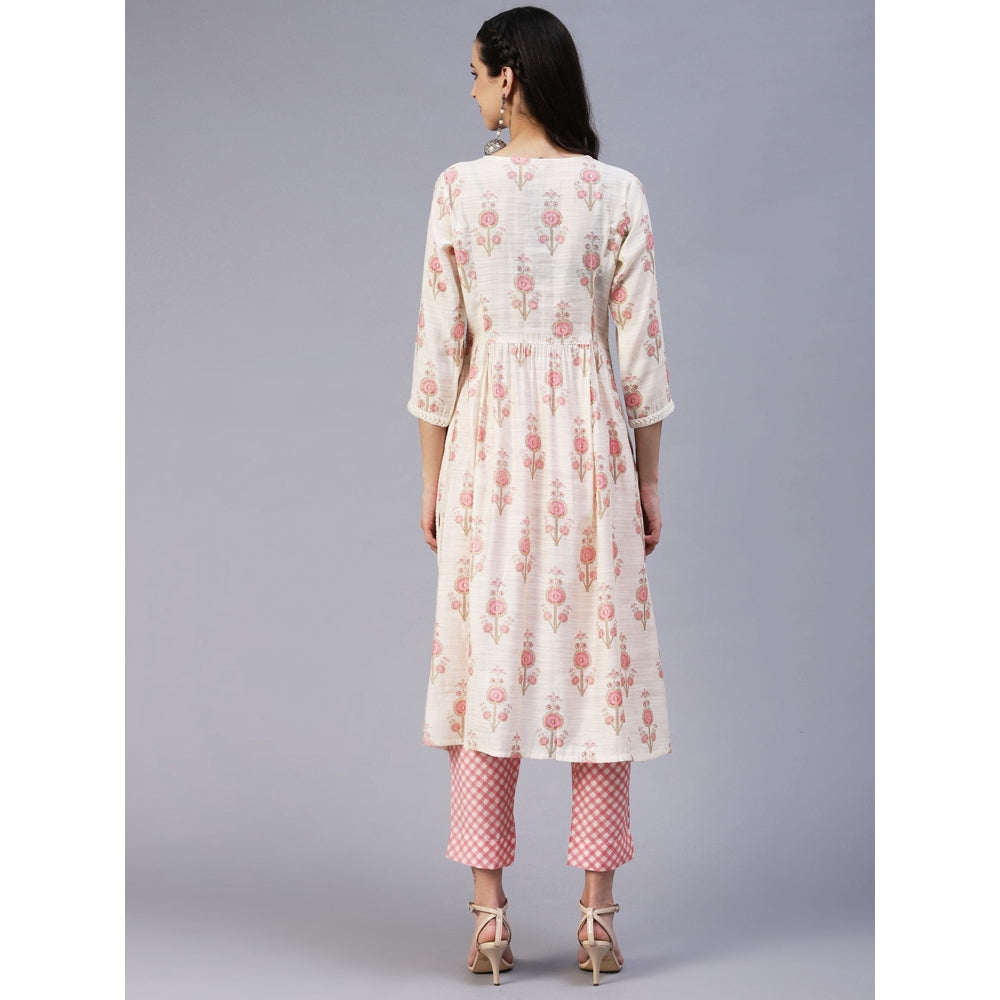 FASHOR Floral Printed Sequins & Beads Embroidered Kurta with Pants - Off White (Set of 2)