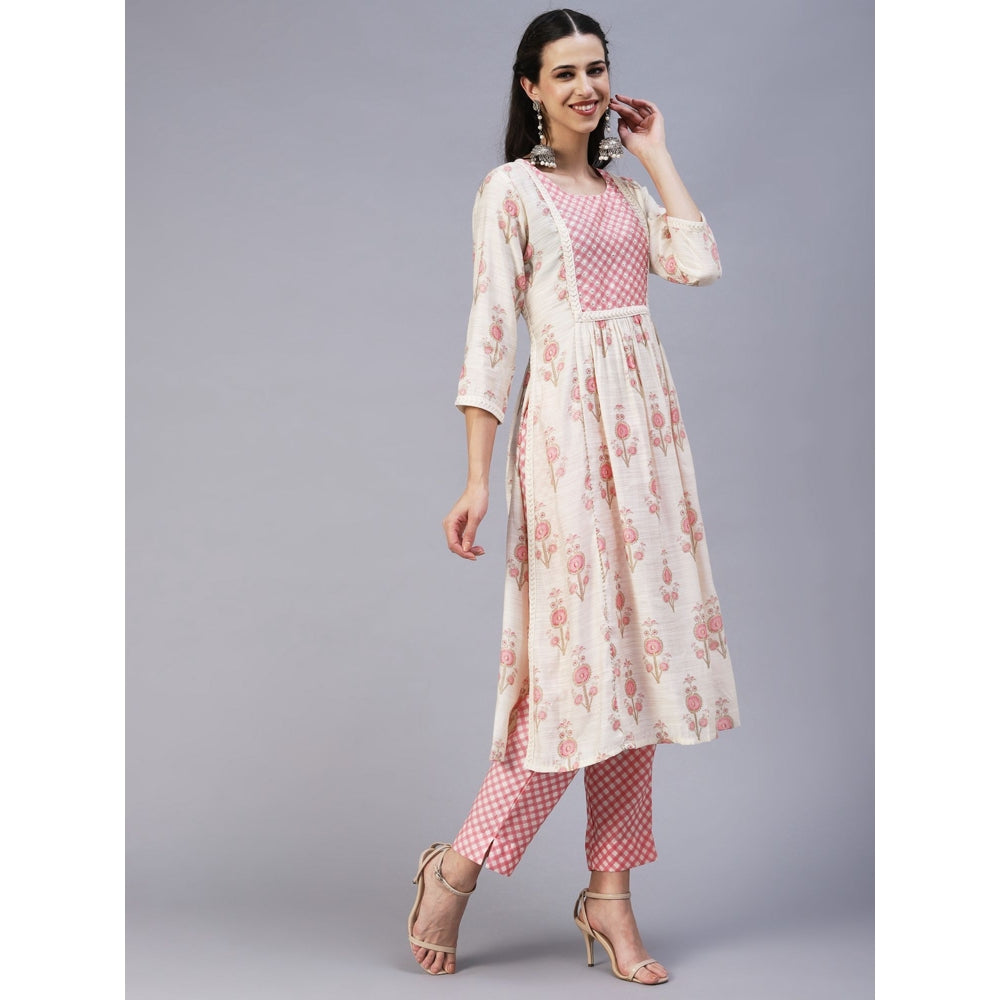 FASHOR Floral Printed Sequins & Beads Embroidered Kurta with Pants - Off White (Set of 2)