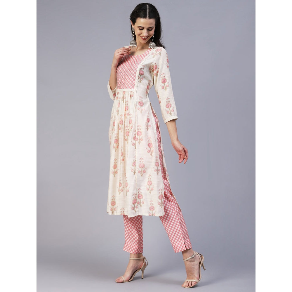 FASHOR Floral Printed Sequins & Beads Embroidered Kurta with Pants - Off White (Set of 2)