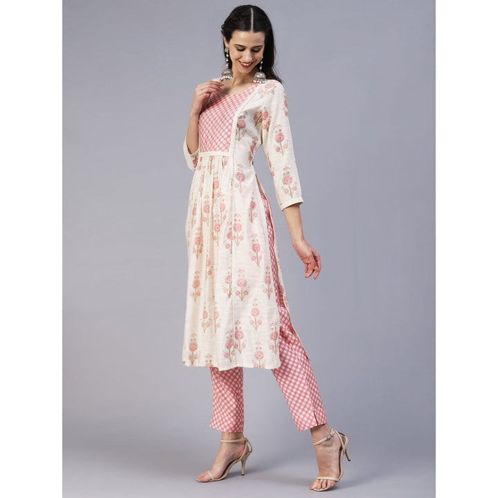 FASHOR Floral Printed Sequins & Beads Embroidered Kurta with Pants - Off White (Set of 2)