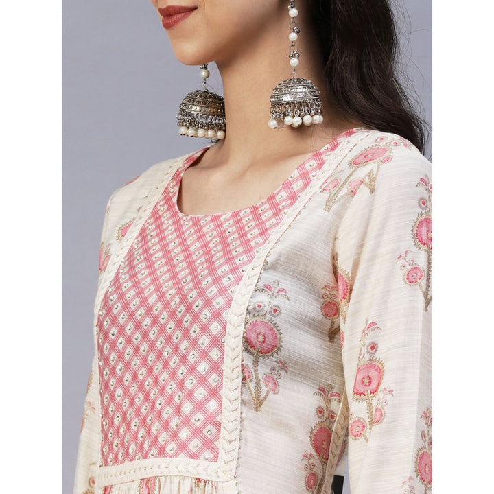 FASHOR Floral Printed Sequins & Beads Embroidered Kurta with Pants - Off White (Set of 2)