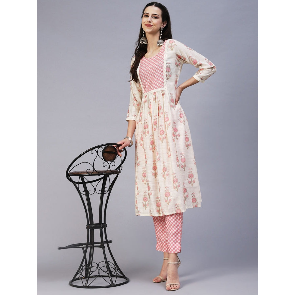 FASHOR Floral Printed Sequins & Beads Embroidered Kurta with Pants - Off White (Set of 2)