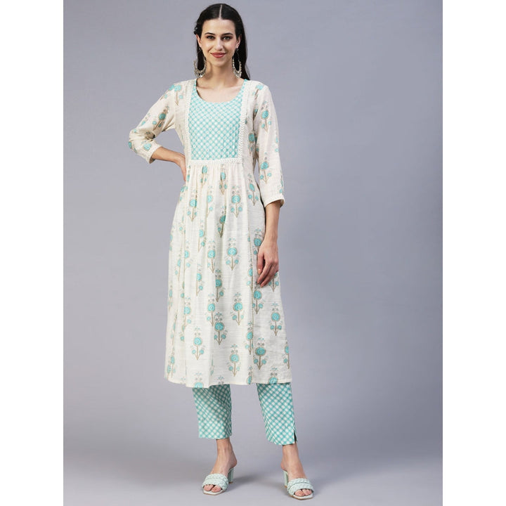 FASHOR Floral Printed Sequins & Beads Embroidered Kurta with Pants - Off White (Set of 2)