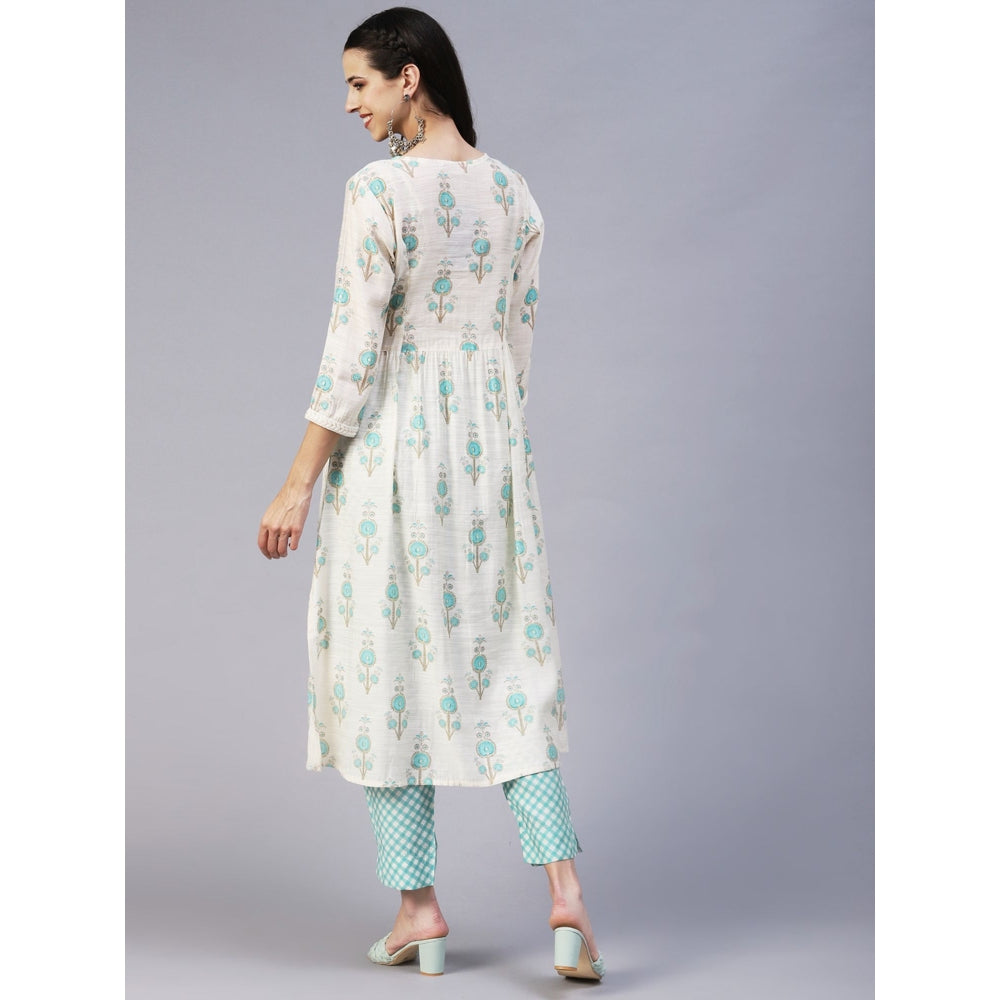 FASHOR Floral Printed Sequins & Beads Embroidered Kurta with Pants - Off White (Set of 2)