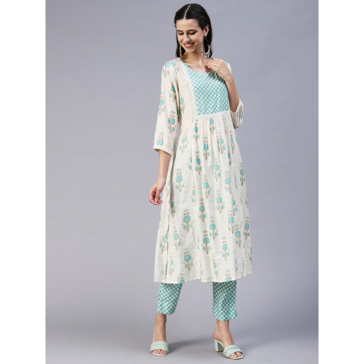 FASHOR Floral Printed Sequins & Beads Embroidered Kurta with Pants - Off White (Set of 2)