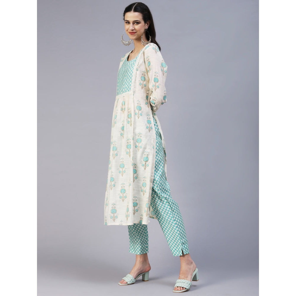 FASHOR Floral Printed Sequins & Beads Embroidered Kurta with Pants - Off White (Set of 2)