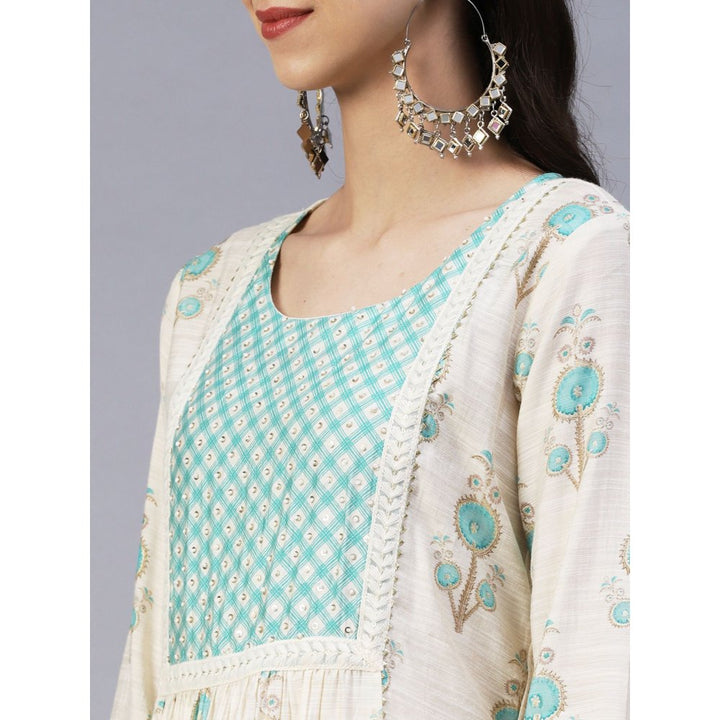 FASHOR Floral Printed Sequins & Beads Embroidered Kurta with Pants - Off White (Set of 2)