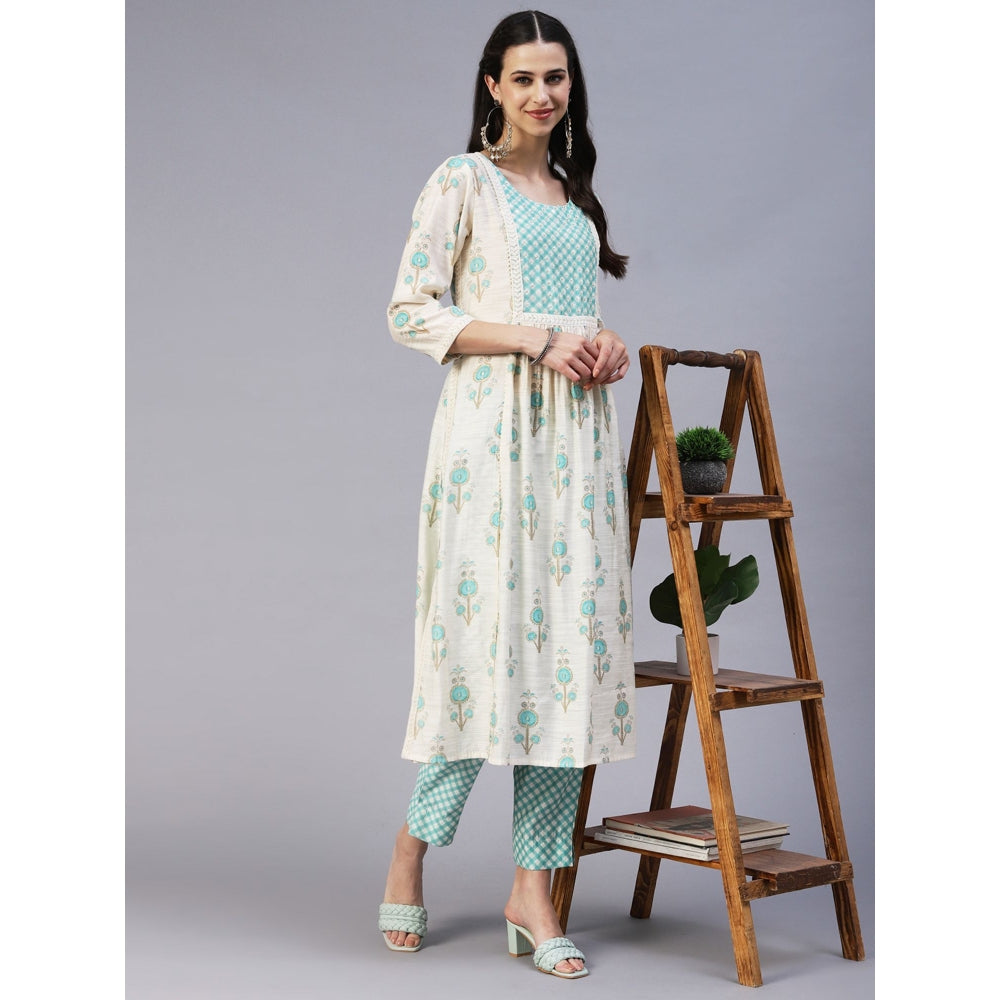 FASHOR Floral Printed Sequins & Beads Embroidered Kurta with Pants - Off White (Set of 2)