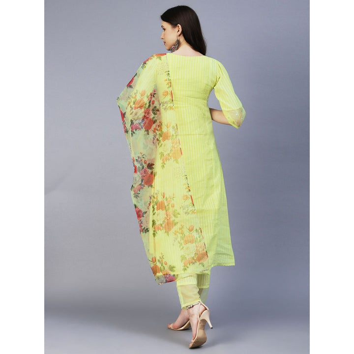 FASHOR Lurex Striped & Hand Embroidered Straight Kurta with Pants Dupatta - Yellow (Set of 3)